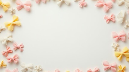 Delicate pastel bows frame on white background - whimsical girlhood design concept