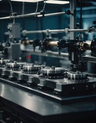 Fototapeta premium Precision milling machines are active in state-of-the-art manufacturing plant, working on components with high efficiency and accuracy. Modern factory workshop for continuous production. Generated AI