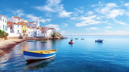 Obraz premium A serene coastal scene featuring a calm sea, colorful boats, and charming white buildings under a bright blue sky.