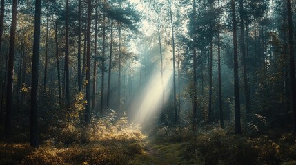 Fototapeta premium Sunlight filtering through trees in a serene forest during early morning hours, creating a tranquil atmosphere with soft rays of light