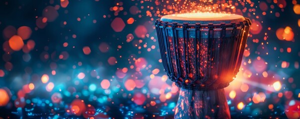 A vibrant percussion drum emits sparks and lights against a colorful, blurred background, creating a dynamic and festive atmosphere.