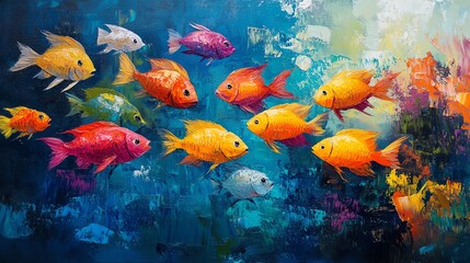 Naklejka premium Colorful fish swimming in dynamic underwater scene, vibrant and artistic.