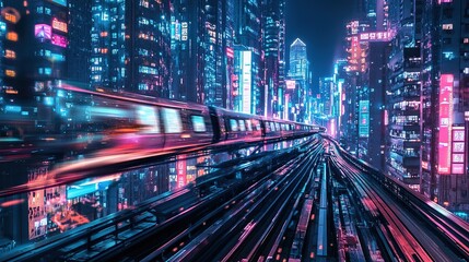 A futuristic train travels through a neon-lit city at night, showcasing modern architecture and vibrant nightlife