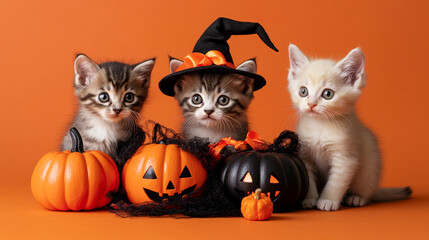 Cute Kittens in Witch Hat and Pumpkins for Halloween