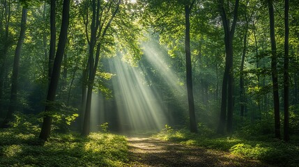 Fototapeta premium Sunlight filtering through trees in a dense forest during early morning hours creates a serene atmosphere in nature