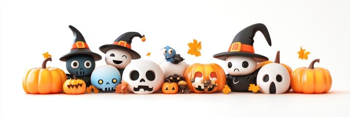Cute cartoon character of witch and pumpkin. 3D. Halloween decoration elements.