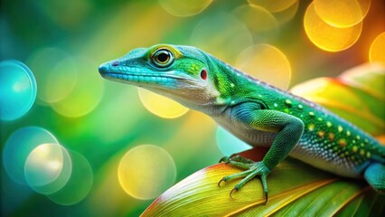A vibrant green lizard with blue accents perches on a lush green leaf, the bokeh of light creating a dreamlike atmosphere.