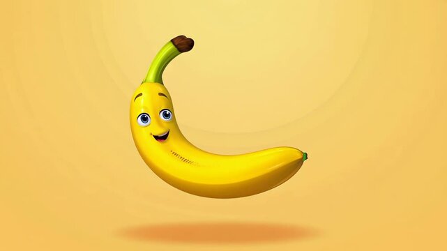cheerful animated banana with a smiling face, set against a warm yellow background