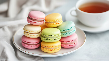 Fototapeta premium Colorful french macarons stack with tea on elegant plate
