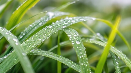 Close-Up of Fresh Green Leaves Covered in Dew Drops After a Spring Rainfall