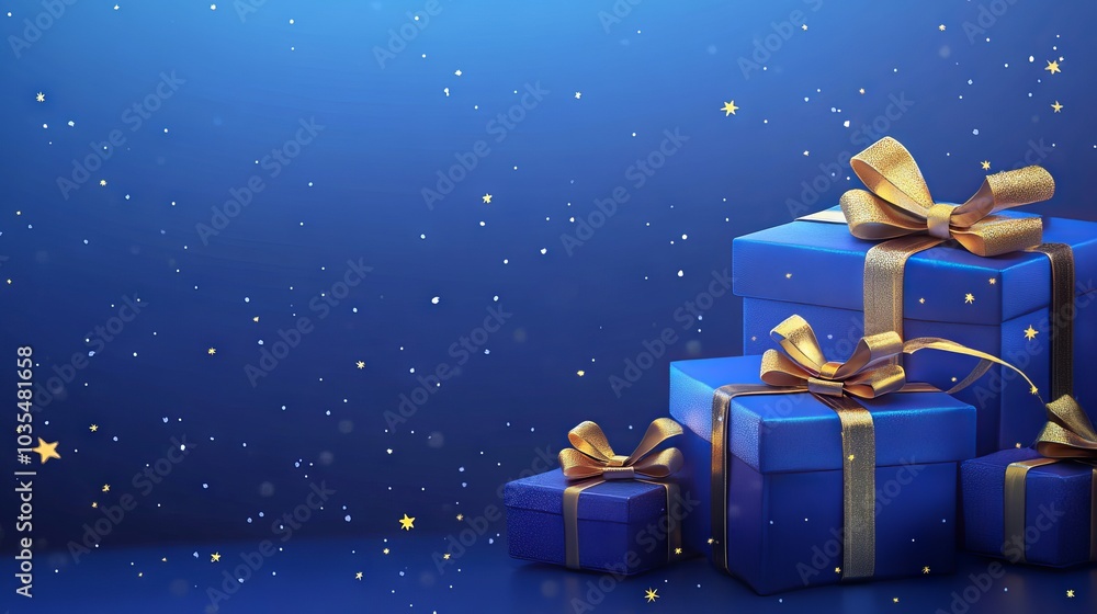 Wall mural generative ai illustration of blue gifts with golden bows and ribbons on blue background with stars 