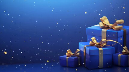 Generative ai illustration of blue gifts with golden bows and ribbons on blue background with stars - ideal for festive themes, holiday cards, and celebration designs