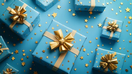 Generative ai illustration of blue gifts with golden bows and ribbons on blue background with stars - ideal for festive themes, holiday cards, and celebration designs