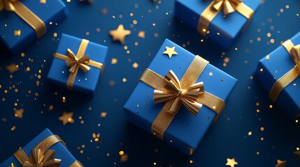 Generative ai illustration of blue gifts with golden bows and ribbons on blue background with stars - ideal for festive themes, holiday cards, and celebration designs