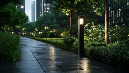 Naklejka premium A serene, rain-soaked walkway lined with lush greenery and illuminated lampposts, creating a tranquil evening atmosphere in an urban landscape.