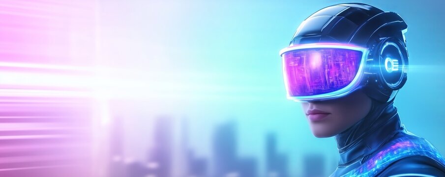 Cyberpunk superhero costume with holographic armor and glowing visor, neon blue and purple accents, futuristic cityscape in background - Powered by Adobe