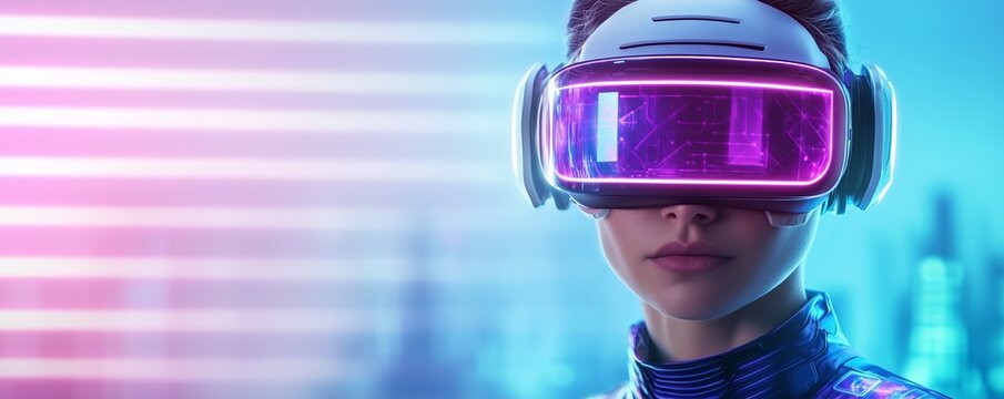 Cyberpunk superhero costume with holographic armor and glowing visor, neon blue and purple accents, futuristic cityscape in background