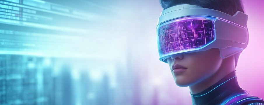 Cyberpunk superhero costume with holographic armor and glowing visor, neon blue and purple accents, futuristic cityscape in background