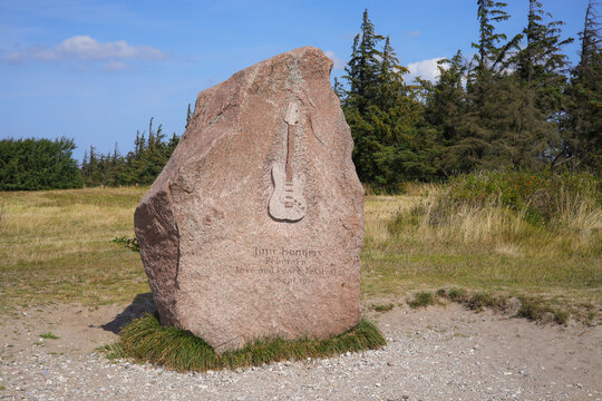 The Jimi Hendrix memorial stone on the occasion of the "Love and Peace Festival" 1970 on the Baltic Island Fehmarn - Germany, August 27 2024