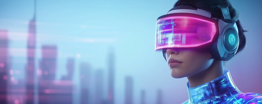 Cyberpunk superhero costume with holographic armor and glowing visor, neon blue and purple accents, futuristic cityscape in background