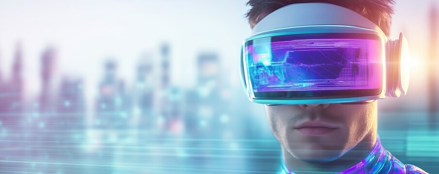 Cyberpunk superhero costume with holographic armor and glowing visor, neon blue and purple accents, futuristic cityscape in background