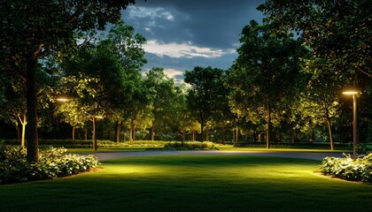 A serene, illuminated park scene at night, featuring lush trees and soft lighting that creates a peaceful atmosphere.