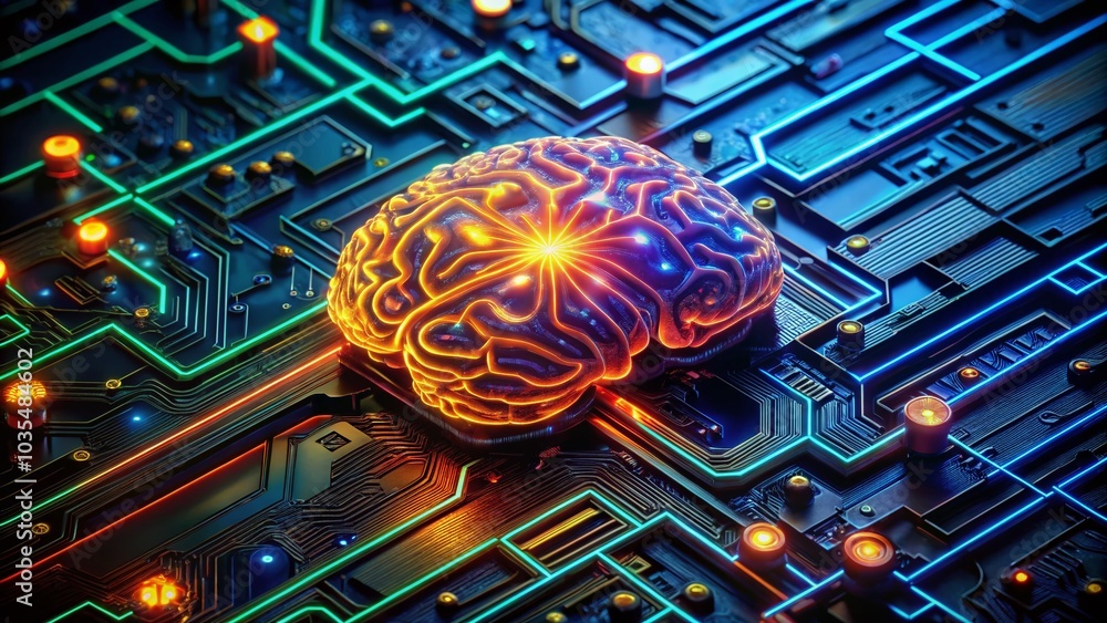 Poster neural network brain interface on circuit board - futuristic drone photography