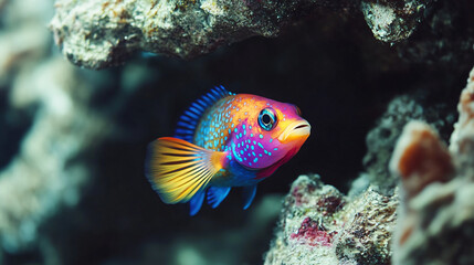 A colorful fish exploring an underwater cave