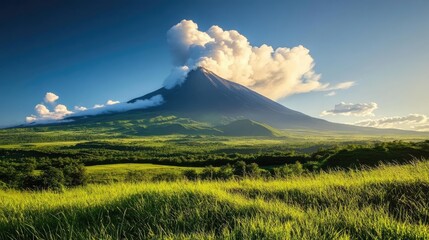 Obraz premium Majestic Volcano Surrounded by Lush Green Fields