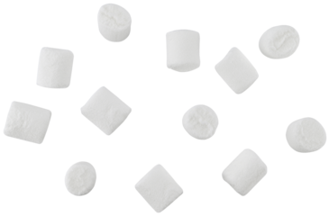 Flying white mini marshmallows isolated on a transparent background. Completely in focus.