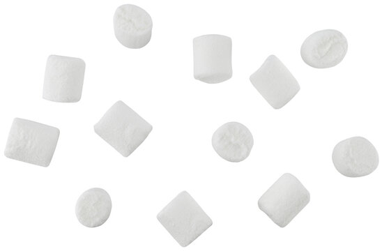 Flying white mini marshmallows isolated on a transparent background. Completely in focus.
