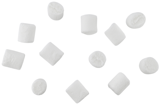Flying white mini marshmallows isolated on a transparent background. Completely in focus.
