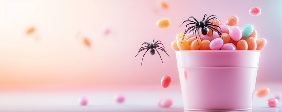 A trickortreat candy bucket overflowing with holographic sweets and glowing jelly beans, surrounded by floating digital spiders, Cyberpunk, vivid colors, soft lighting