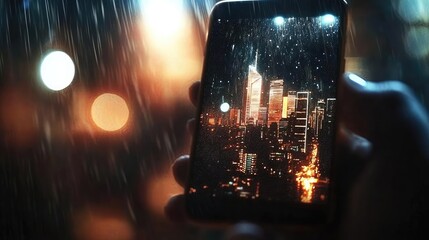 Hand Holding Phone with Cityscape at Night
