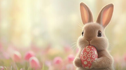 Obraz premium Close-up of an adorable baby bunny holding a brightly colored Easter egg in a soft pastel floral background, capturing the spirit of innocence and joy for Easter holiday themes.