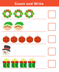 Christmas activity sheet. Count and write numbers 1-5. Counting objects worksheet for kids. Educational fun game for children. Kindergarten Counting Worksheet.