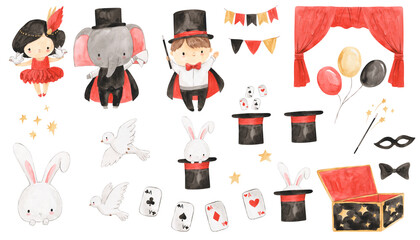 Watercolor magic trick, girl, boy, elephant. Circus illustration for kids © Olga Listopad