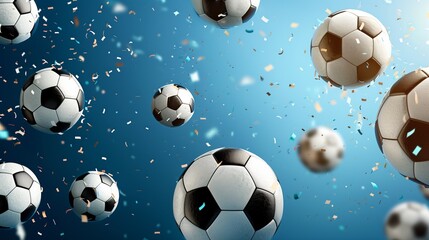 Multiple soccer balls floating with confetti on a blue background