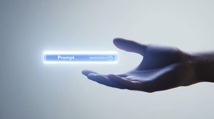 Human Hand Holding Digital Prompt Bar with Arrow   Future Technology Concept