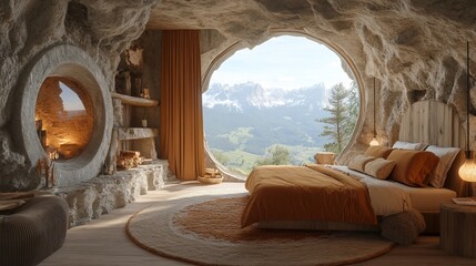 A cozy cave bedroom with a large circular window overlooking a mountain landscape.