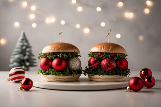 Christmas tree decorations sandwiched between two burger buns on festive Christmas background. Christmas dinner concept. AI generated