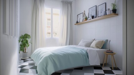 A photo of a small bedroom, with white walls, a shelf, and a black and white checkered floor. The bed has a pastel blue sheet, and the window curtains are a light grey color