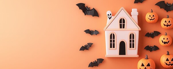 Halloweenthemed candy bar shaped like a haunted house, surrounded by neonlit bats and jackolanterns, Pop Art style, vibrant colors, dynamic shadows