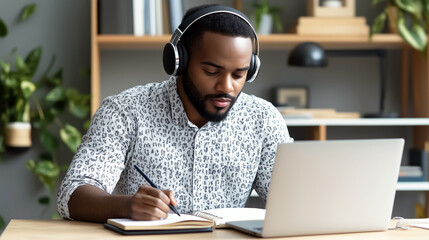 Focused man studying with laptop and headphones in modern home office