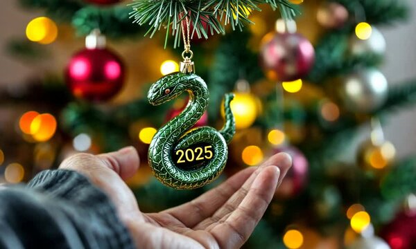 Green Christmas tree toy in the shape of a snake with the inscription "2025" hanging on the branch, symbolizing the year of the Green Wood Snake according to the Eastern horoscope. Generated by AI.