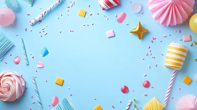Flat lay party and birthday decoration background - top view with festive streamers, balloons, and confetti - ideal for event planning, celebrations, and party themes