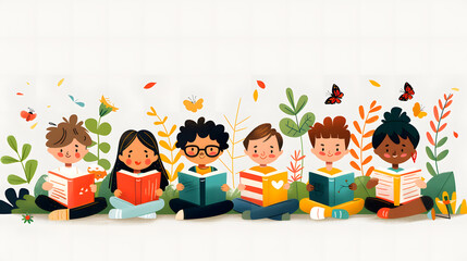 Illustration of Children's Day. Children, books reading in home with friends, learning or diversity for reading at school playground. Kids, education or study with support, water color style