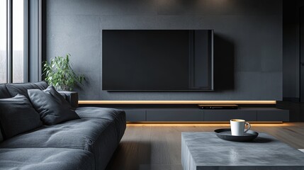Modern living room interior with a large TV.