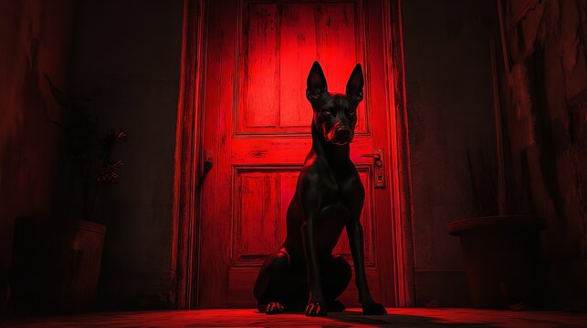 Doberman Pinscher Guarding a Doorway at Night