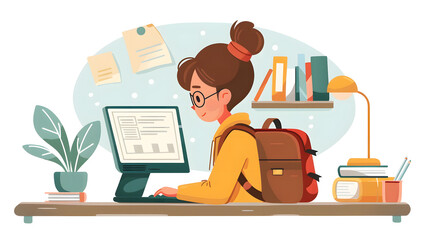 illustration, side view, happy cute little kid doing home school with computer laptop connection with internet study e-learning and course. e-learning web element